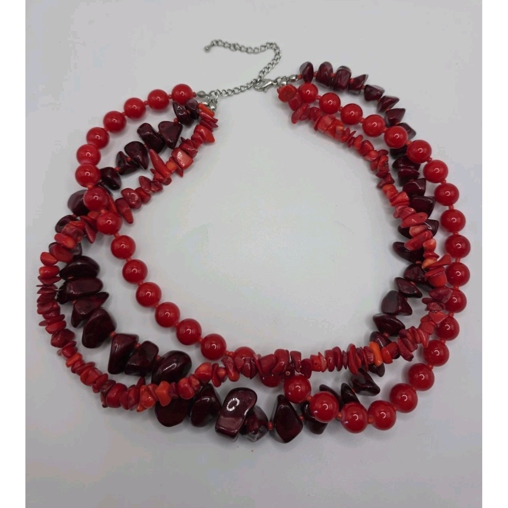 Vintage Multi Strand Dyed Red Coral Glass Bead Chunky Layered Statement Necklace